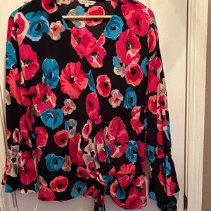Juicy Couture Floral Wrap Blouse - Black, Pink, Blue